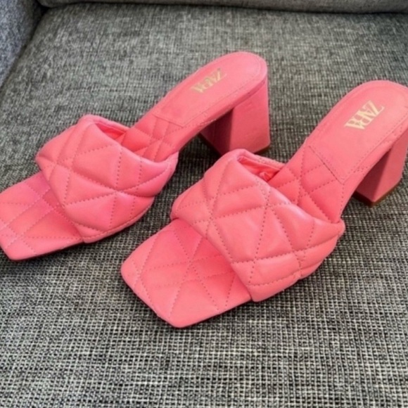 Zara Pink Quilted Leather Open Toe Heeled Sandals 7.5 - Picture 2 of 4